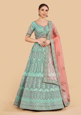 Blue Emboridered Blended Lehenga Choli