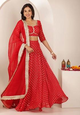Red Emboridered Blended Lehenga Choli