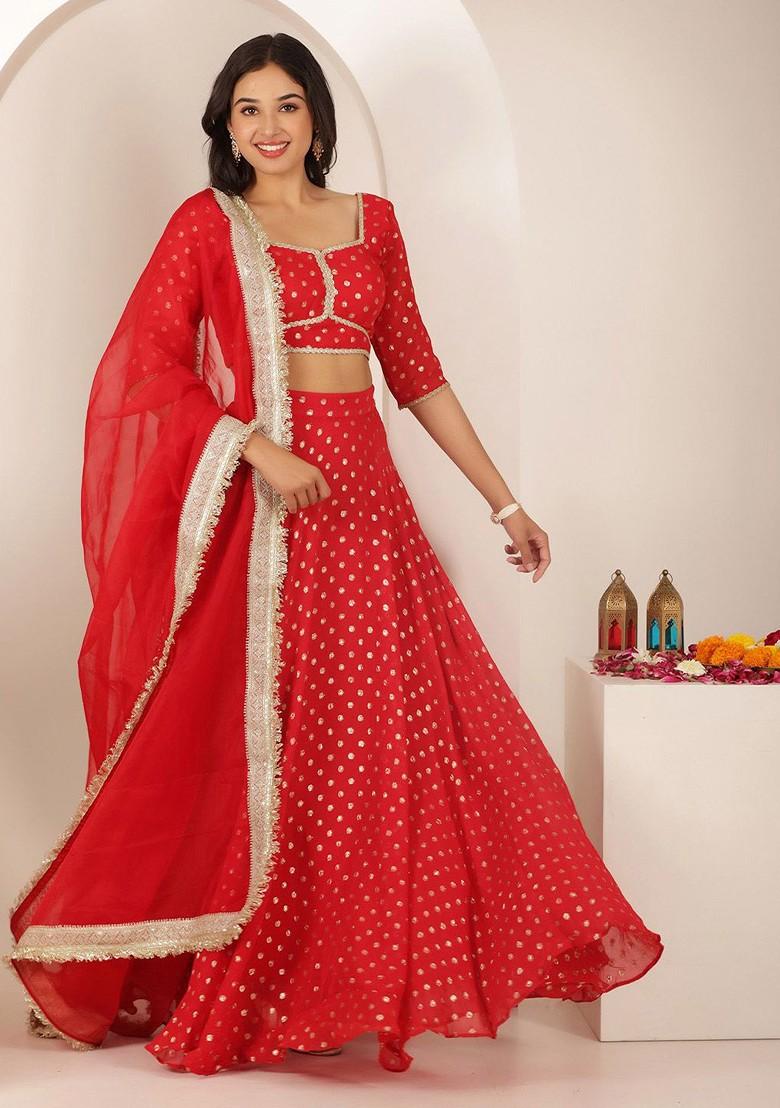 Red Emboridered Blended Lehenga Choli