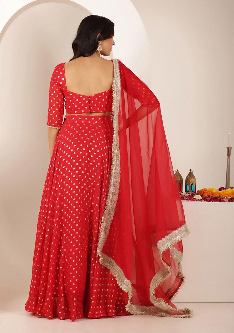 Red Emboridered Blended Lehenga Choli - Indya