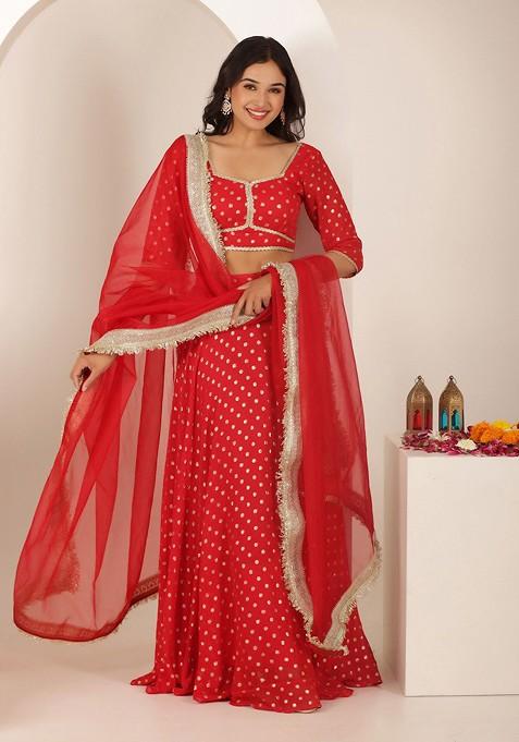 Red Emboridered Blended Lehenga Choli