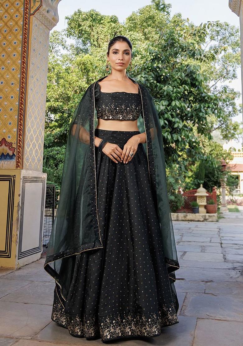 Green Embellished Blended Lehenga Choli
