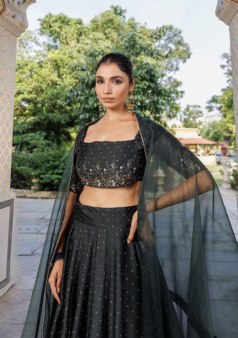 Green Embellished Blended Lehenga Choli