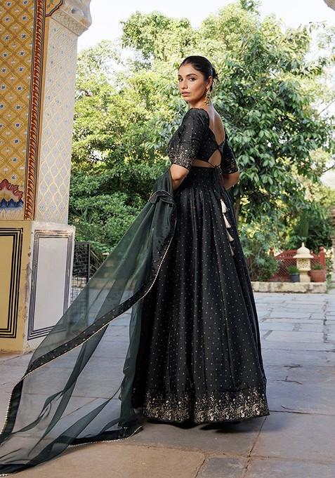 Green Embellished Blended Lehenga Choli