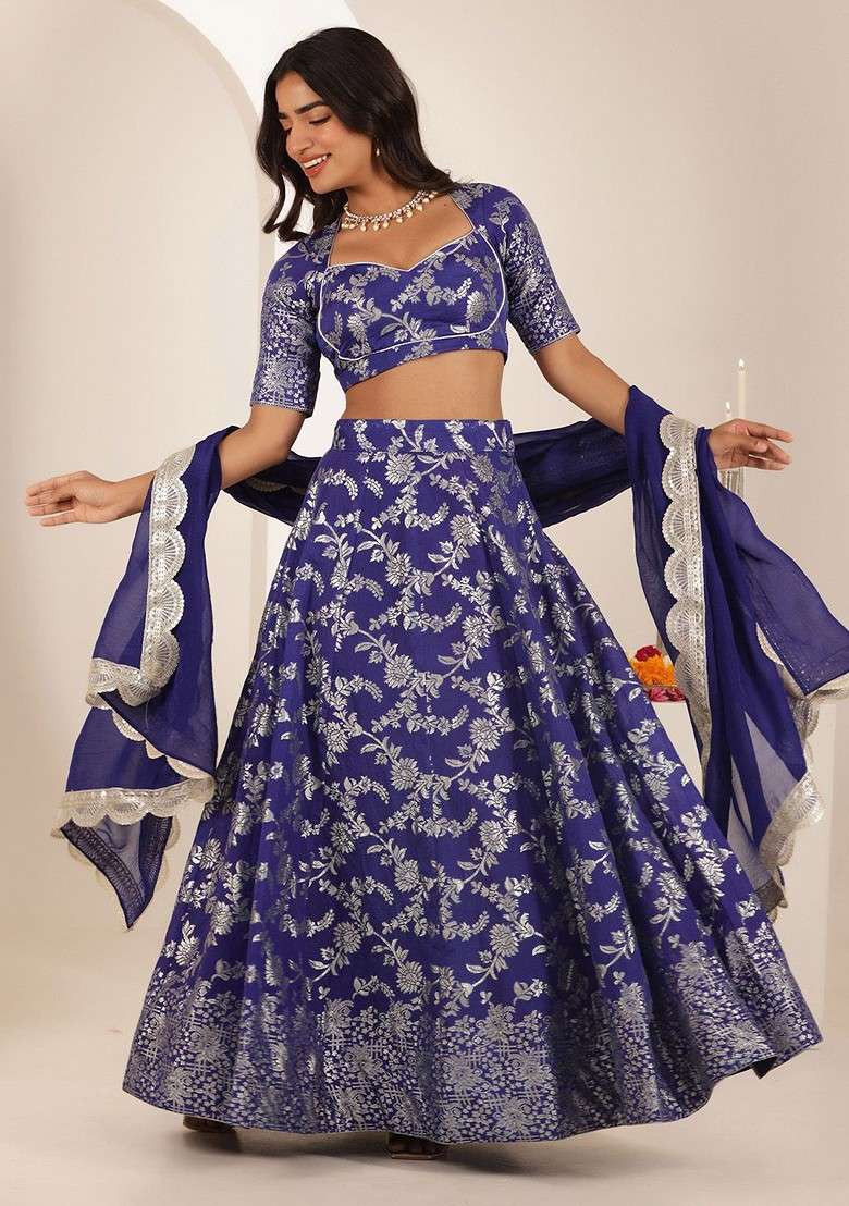 Blue Emboridered Blended Lehenga Choli - Indya