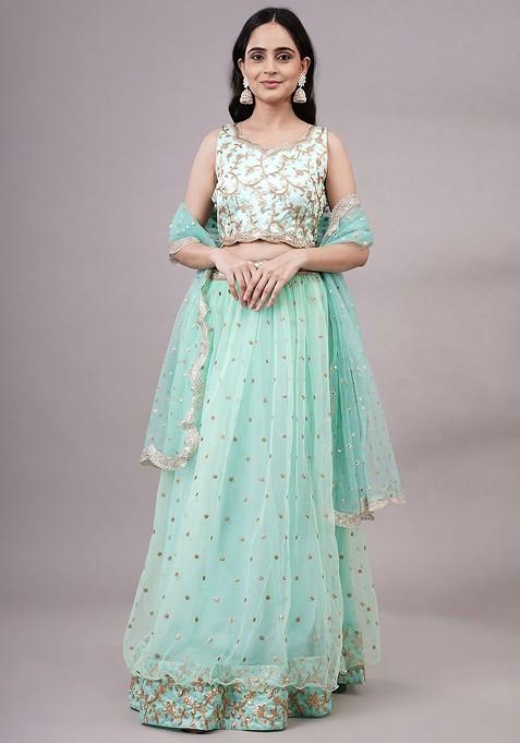 Sea Green Embellished Blended Lehenga Choli