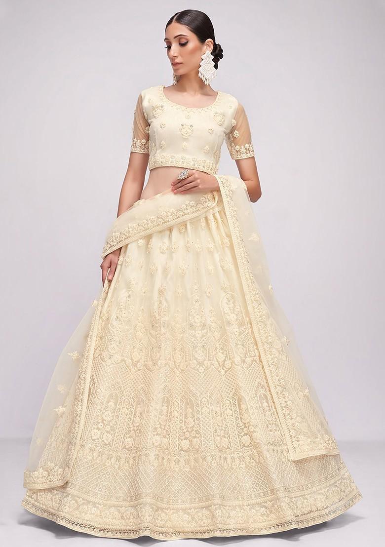 Cream Emboridered Blended Lehenga Choli - Indya