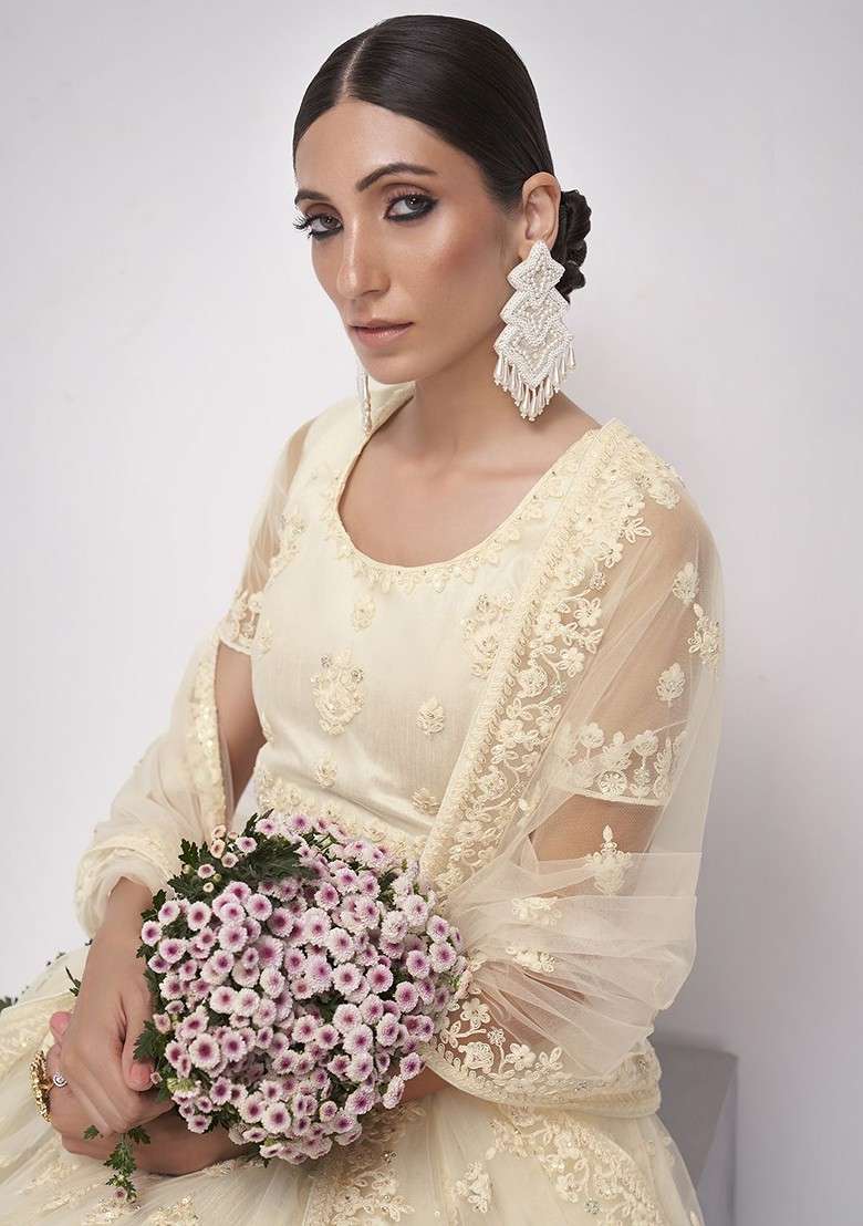 Cream Emboridered Blended Lehenga Choli - Indya