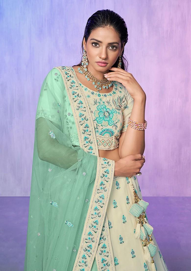 White Emboridered Blended Lehenga Choli - Indya