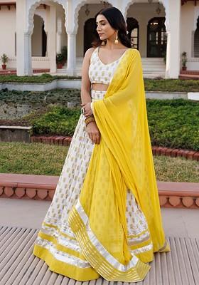 Yellow Printed Blended Lehenga Choli