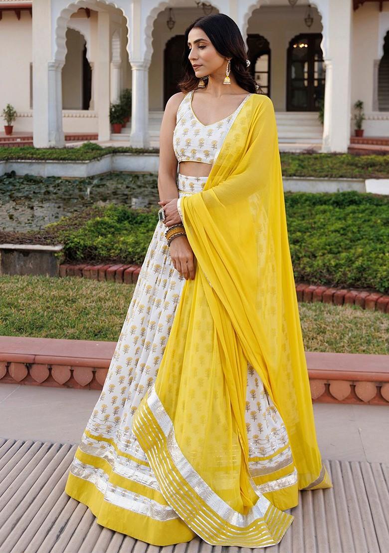 Yellow Printed Blended Lehenga Choli