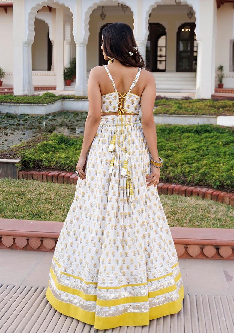 Yellow Printed Blended Lehenga Choli