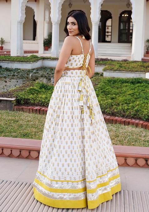 Yellow Printed Blended Lehenga Choli