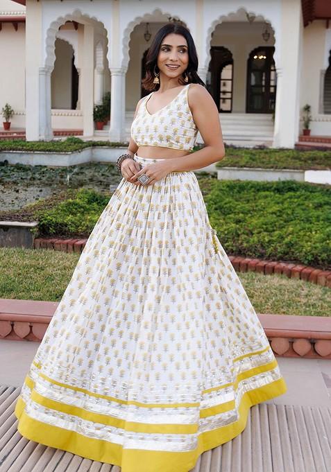 Yellow Printed Blended Lehenga Choli