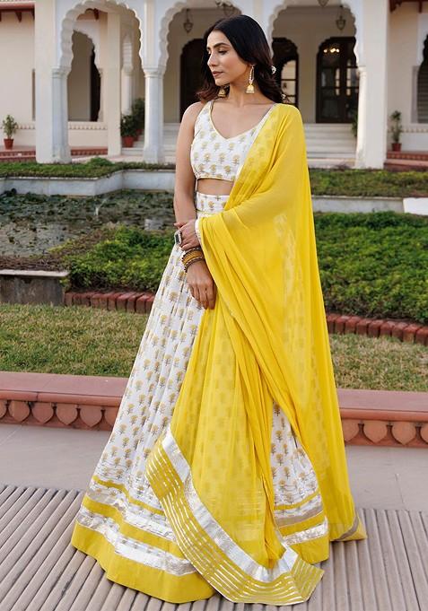 Yellow Printed Blended Lehenga Choli
