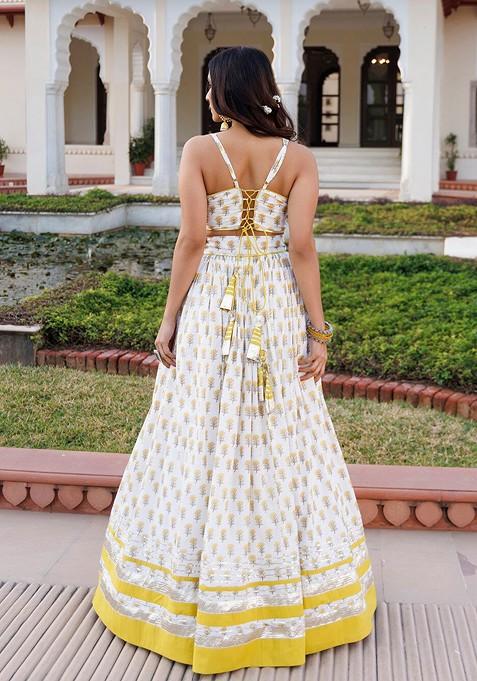 Yellow Printed Blended Lehenga Choli
