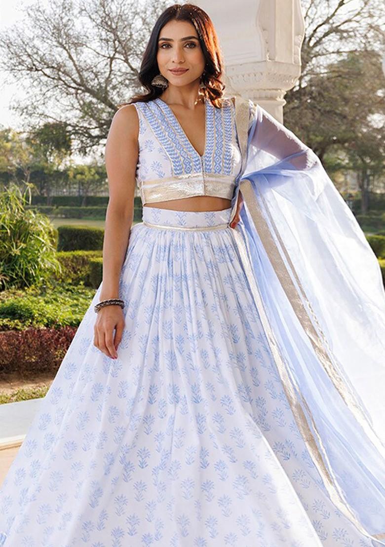 Blue Printed Blended Lehenga Choli