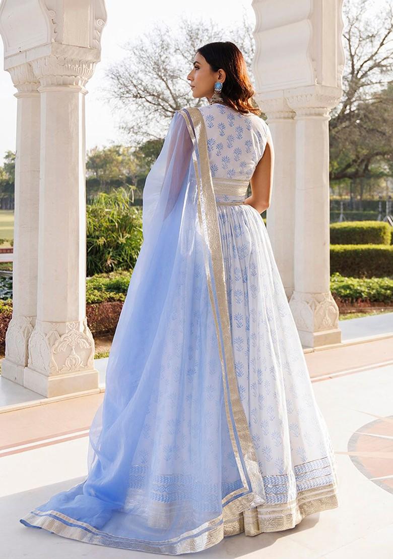 Blue Printed Blended Lehenga Choli