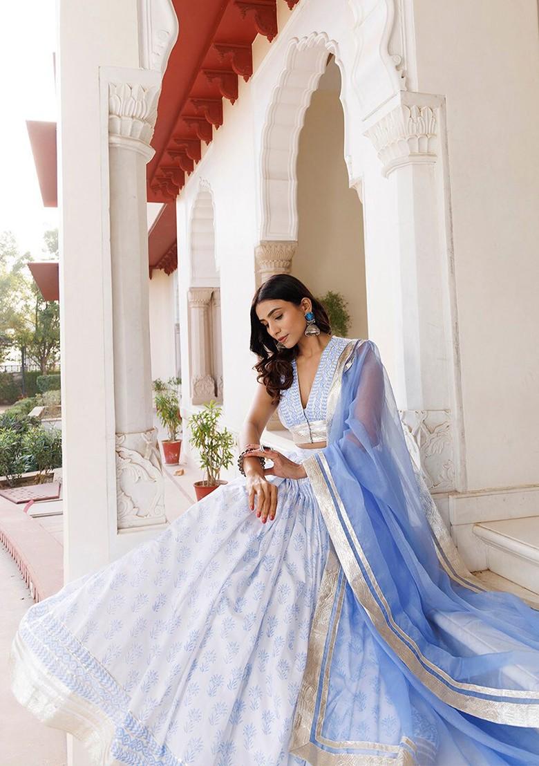 Blue Printed Blended Lehenga Choli