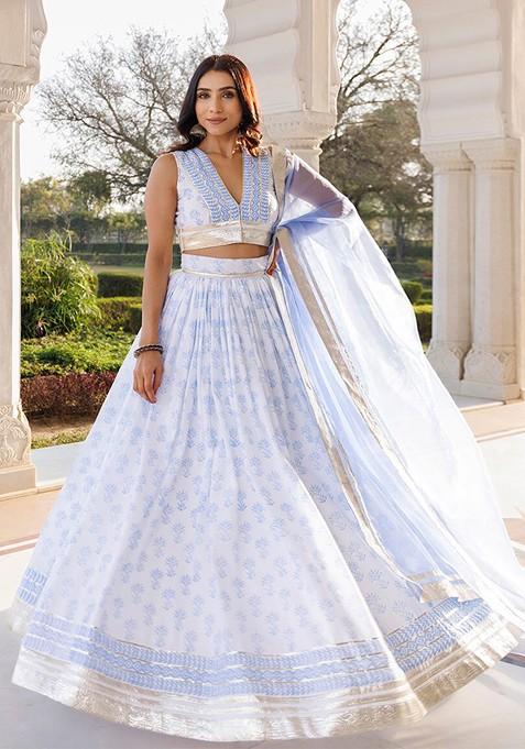 Blue Printed Blended Lehenga Choli