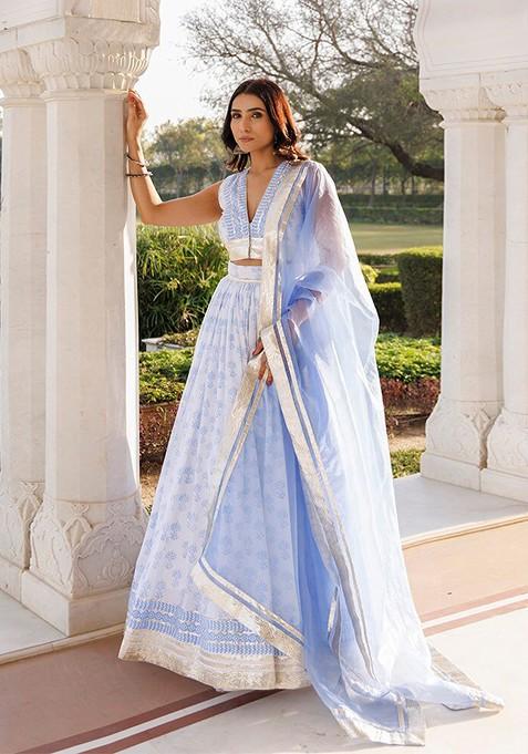 Blue Printed Blended Lehenga Choli