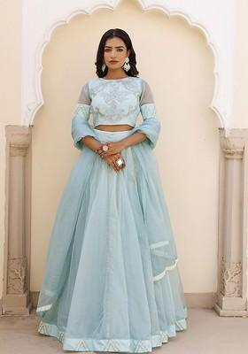 Blue Emboridered Blended Lehenga Choli