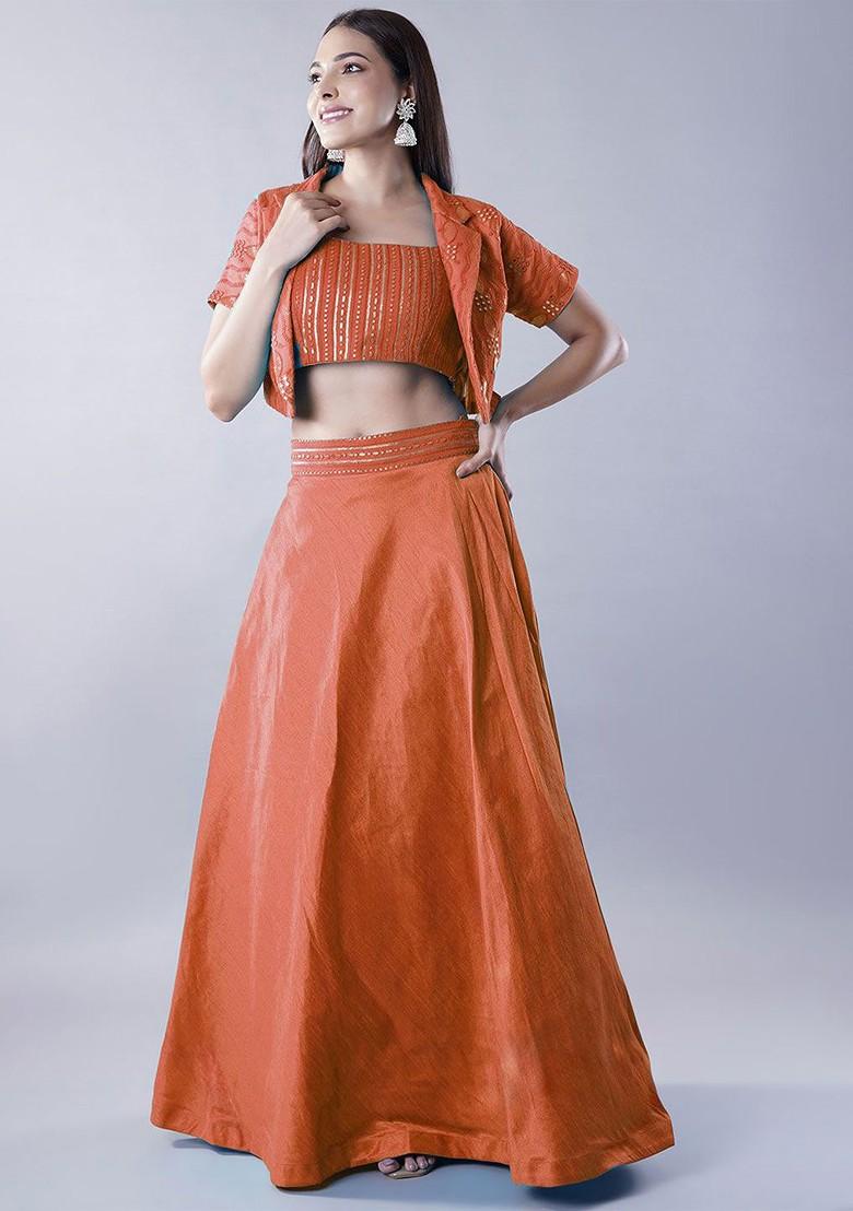 Orange Emboridered Blended Lehenga Choli