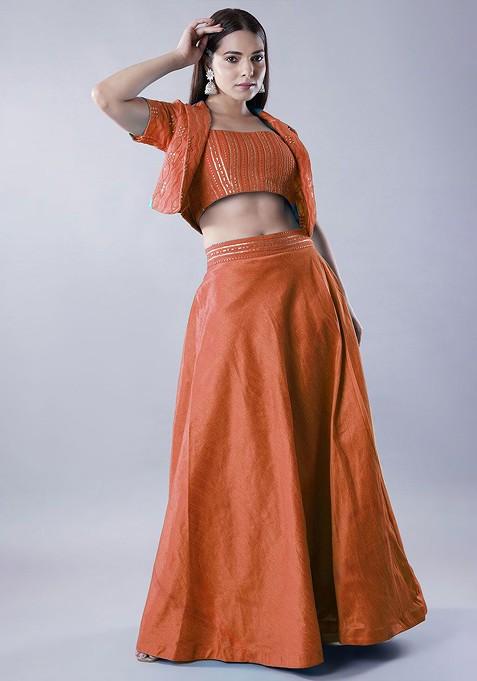 Orange Emboridered Blended Lehenga Choli
