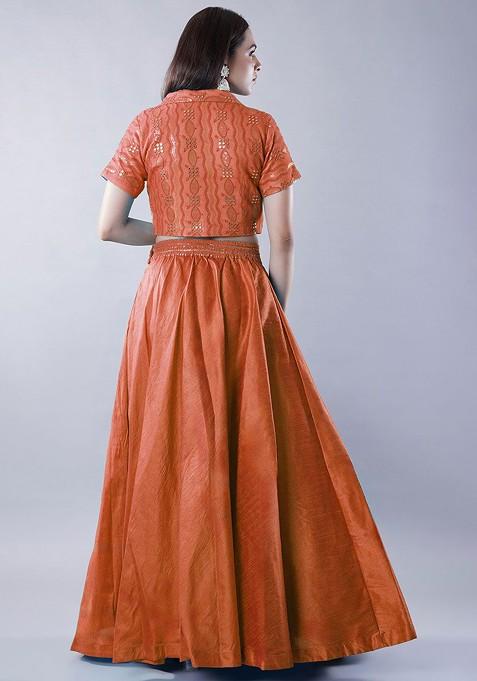 Orange Emboridered Blended Lehenga Choli
