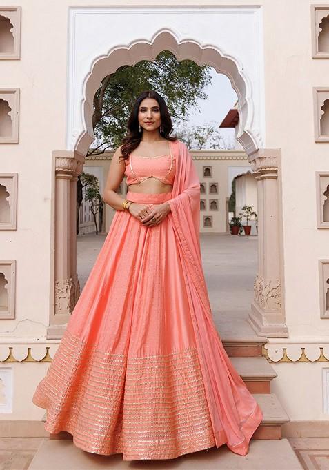 Coral Woven Design Blended Lehenga Choli