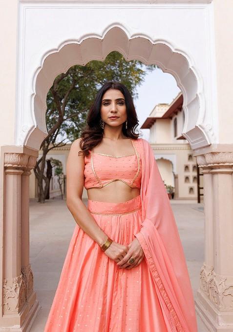 Coral Woven Design Blended Lehenga Choli