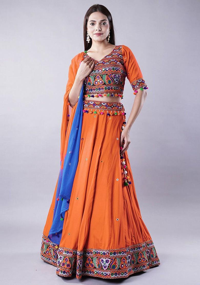 Orange Emboridered Blended Lehenga Choli - Indya