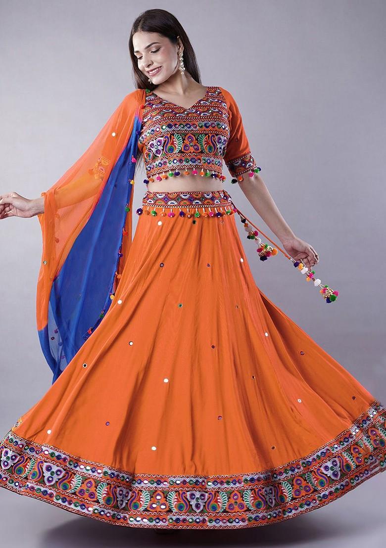Orange Emboridered Blended Lehenga Choli