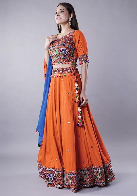 Orange Emboridered Blended Lehenga Choli