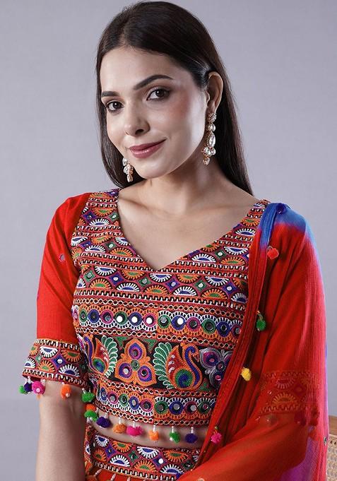Red Emboridered Blended Lehenga Choli