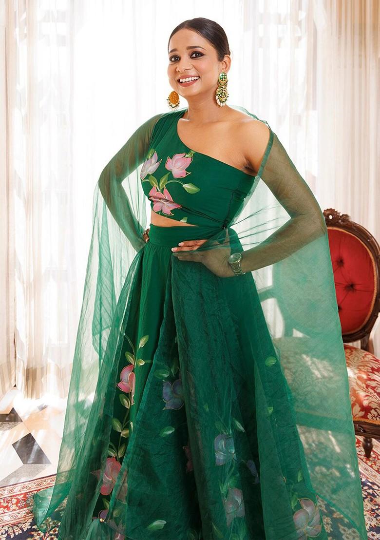 Green Printed Blended Lehenga Choli - Indya