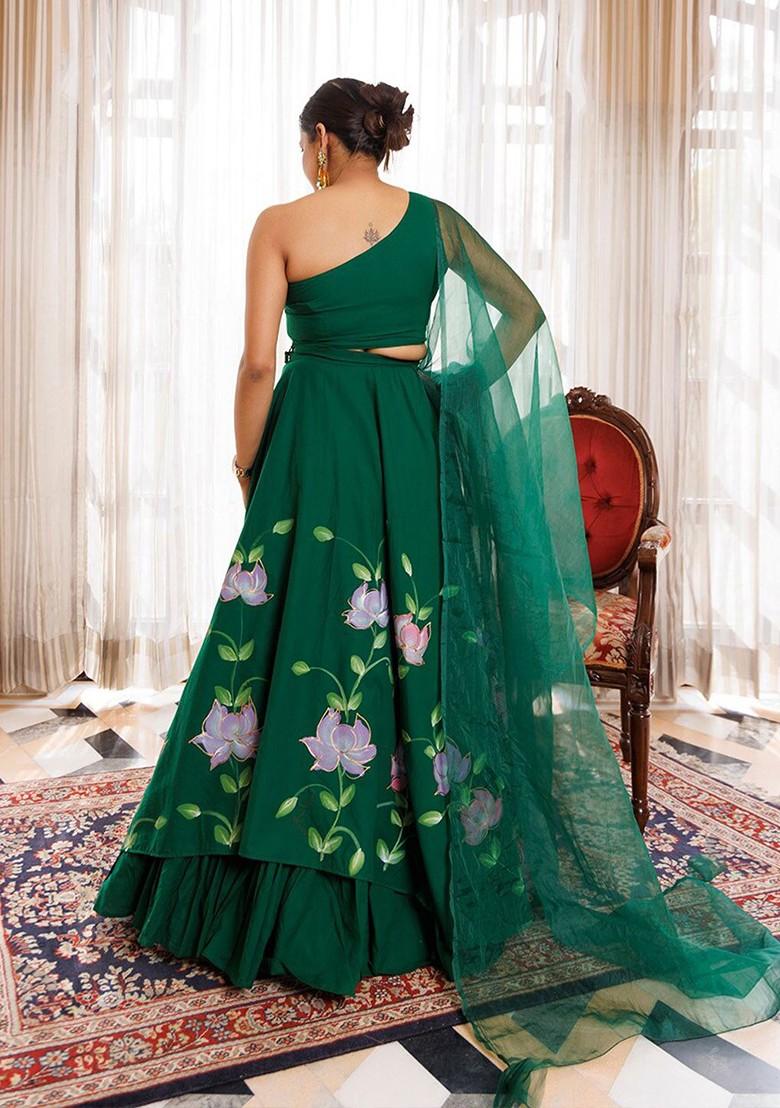 Green Printed Blended Lehenga Choli