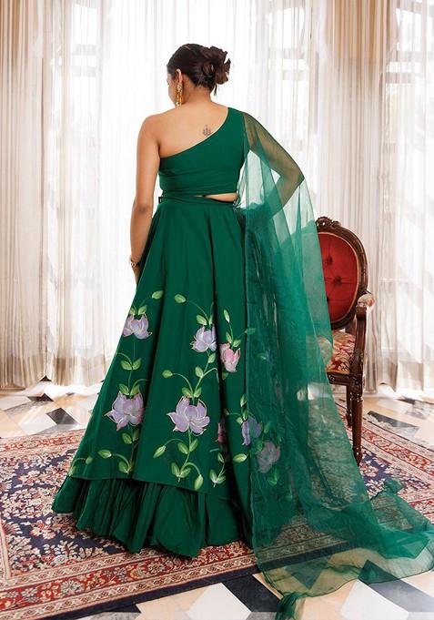 Green Printed Blended Lehenga Choli