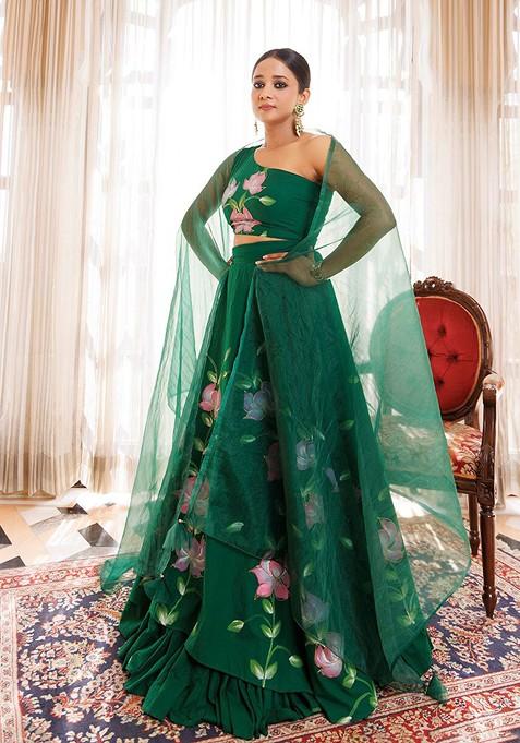 Green Printed Blended Lehenga Choli