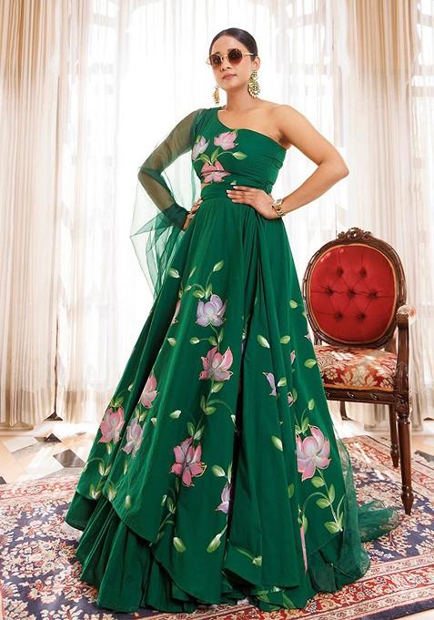 Green Printed Blended Lehenga Choli