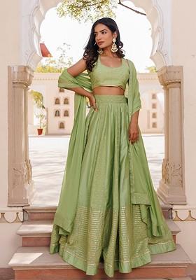Green Woven Design Blended Lehenga Choli