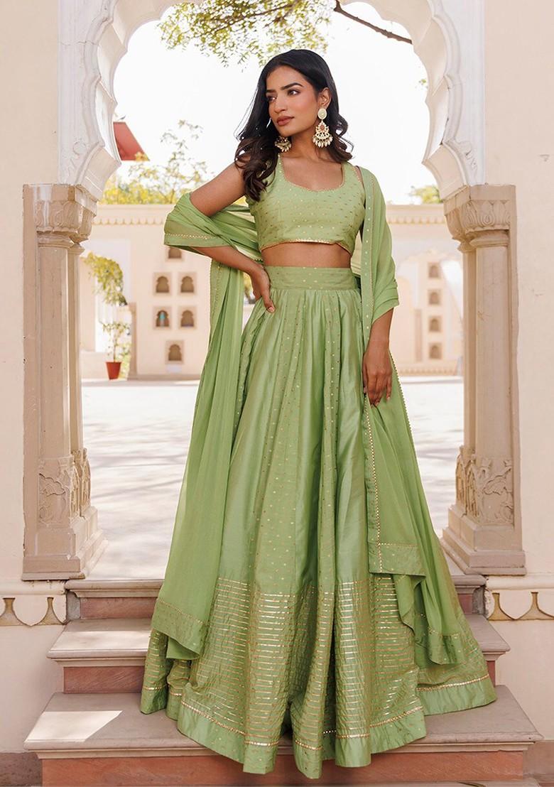 Green Woven Design Blended Lehenga Choli