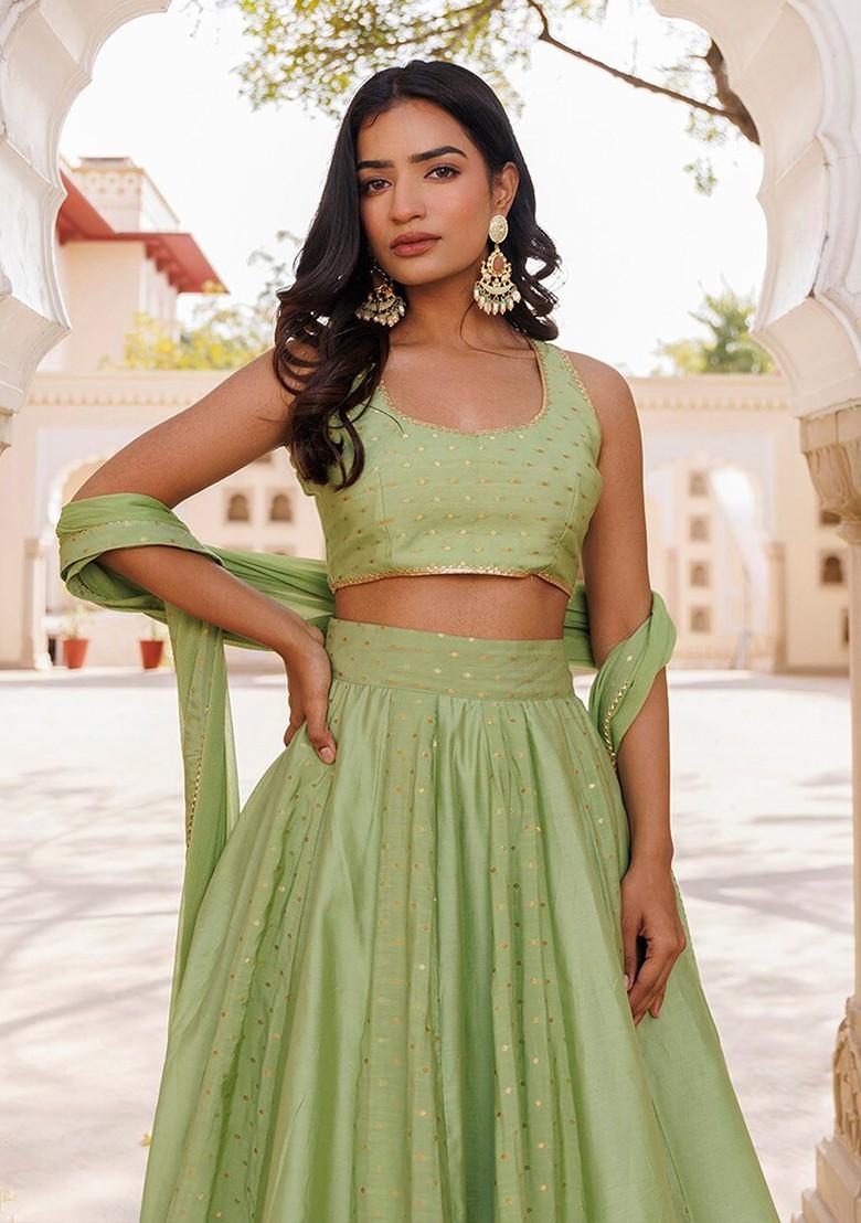 Green Woven Design Blended Lehenga Choli