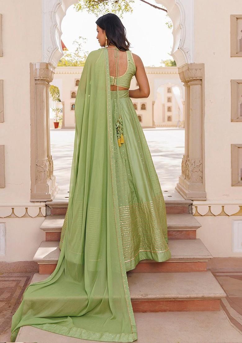 Green Woven Design Blended Lehenga Choli