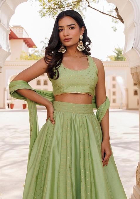 Green Woven Design Blended Lehenga Choli