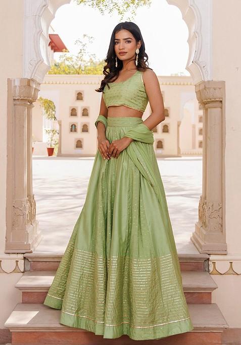 Green Woven Design Blended Lehenga Choli