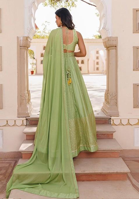 Green Woven Design Blended Lehenga Choli