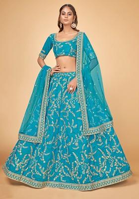 Blue Emboridered Blended Lehenga Choli