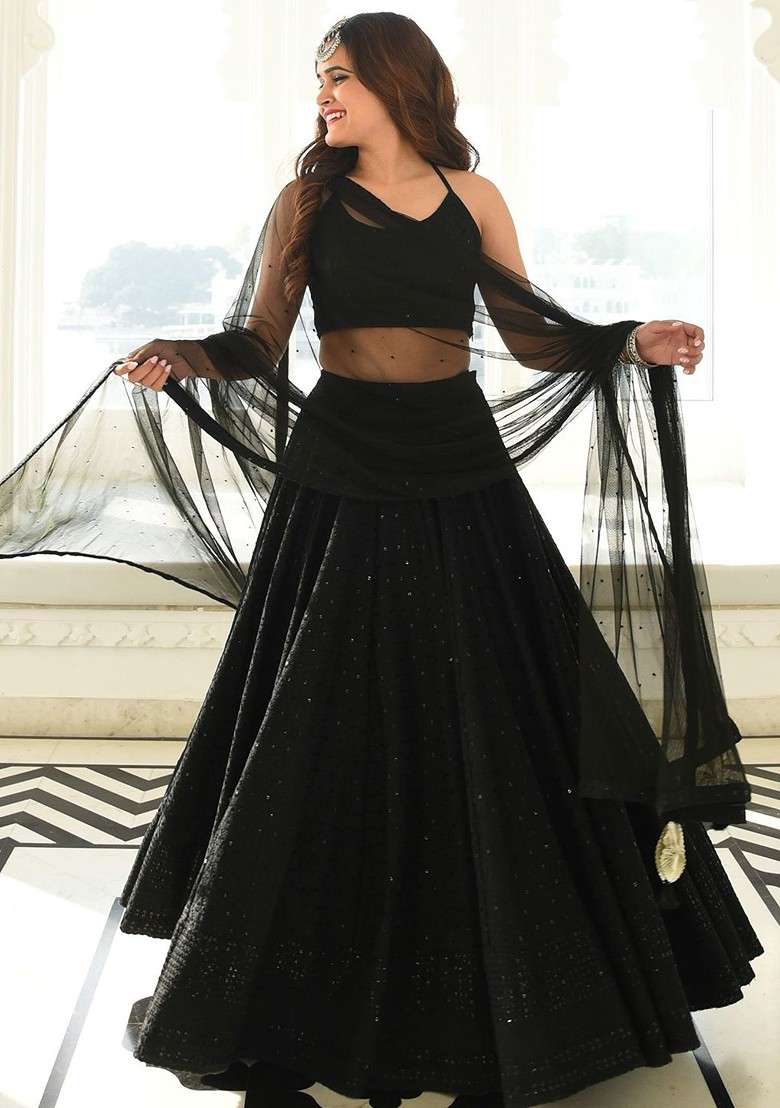 Black Emboridered Blended Lehenga Choli - Indya