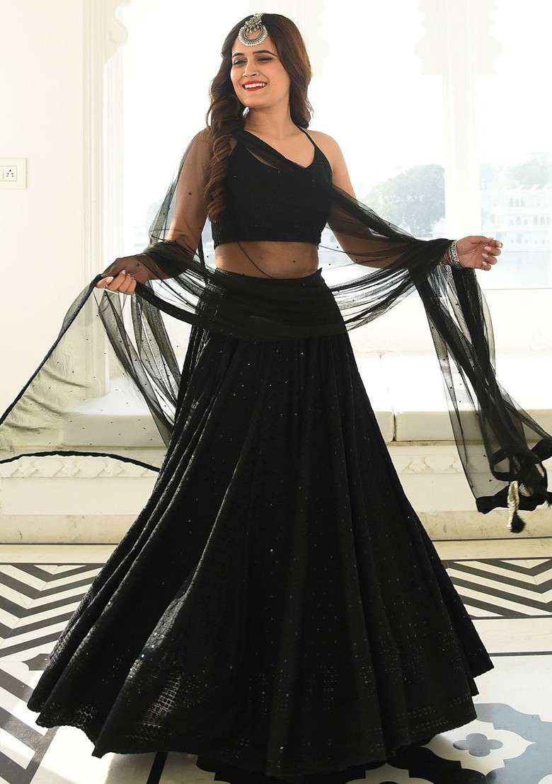 Black Emboridered Blended Lehenga Choli - Indya